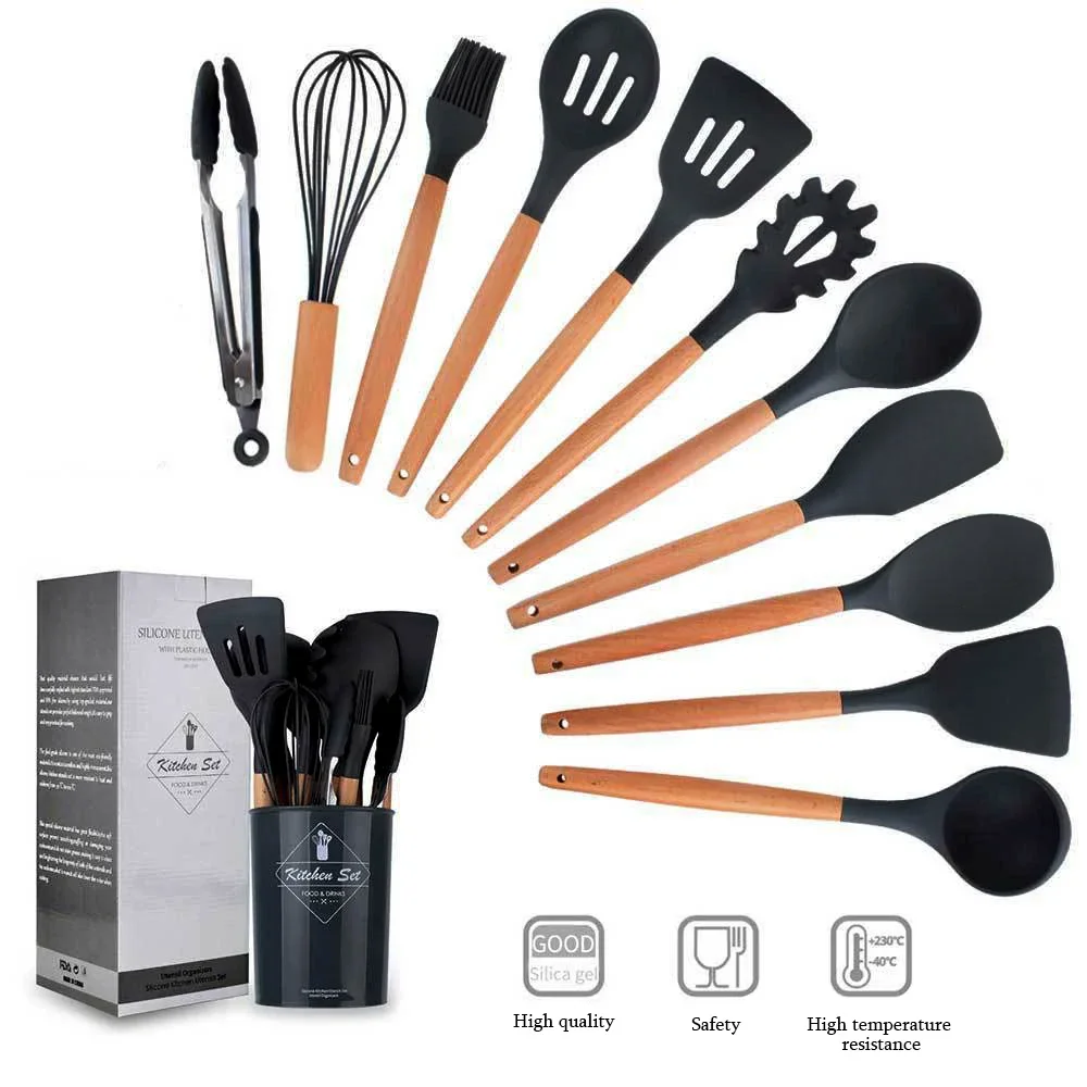 Silicone wooden handle 12-piece set Kitchenware Household non-stick pan Cooking shovel Silicone spatula spoon set