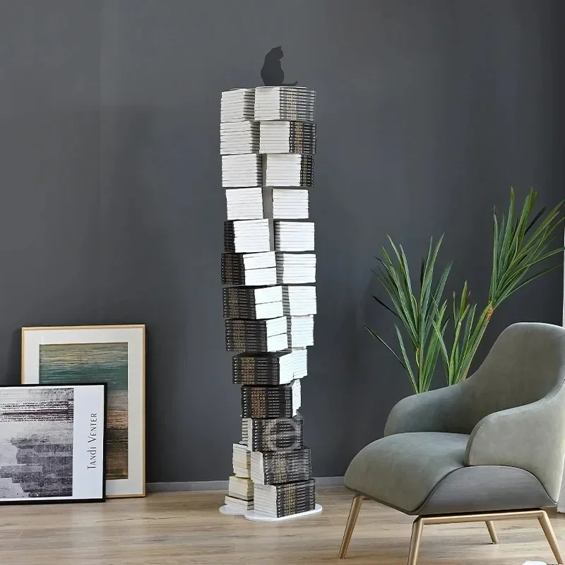 Italian light luxury rotating bookshelf, storage floor living room spiral personality, invisible creative stainless steel