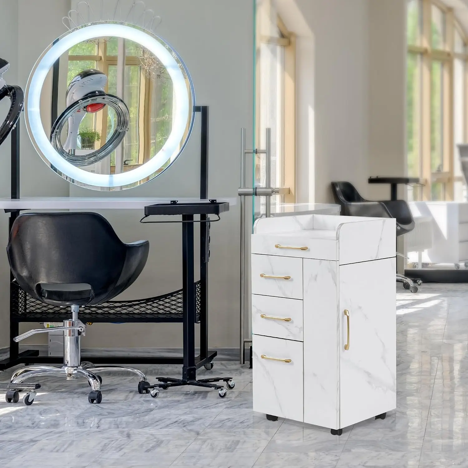 Salon Trolley Cart with Lockable Wheels DC2053(White) | Rolling styling cart with drawers and cabinets, marble-textured engineer