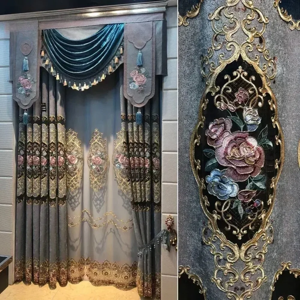 High Grade Blackout Gray Blue Embroidered Chenille Curtains for Living Room Bedroom Embroidered Tulle Custom Villa
