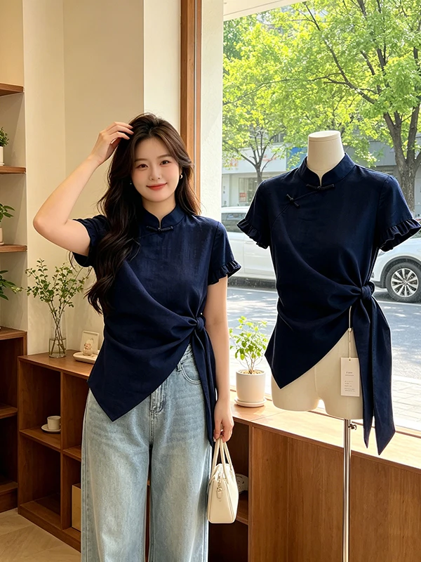 

New Chinese Style Short Sleeve Shirt Women's Summer Fashion Slimming Lazy Style Zen Spirit Small Shirt Top Large Size