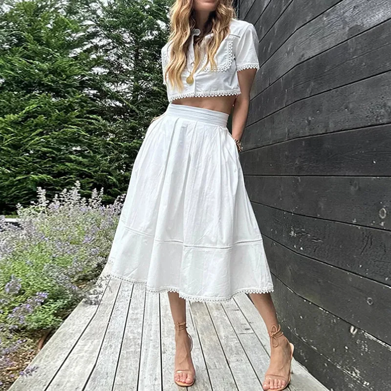 

Elegant Solid Color Skirts Two Piece Set Women Embroidery Flower Edge Short Shirt A-line Skirt Sets Temperament Female Clothing