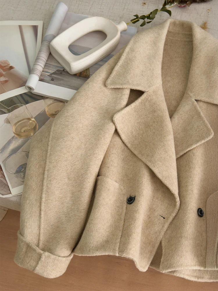 Women's Loose Fit Double Face Wool Coat Beige Oversized Lapel Button Winter Warm Outerwear for Casual Elegant Look