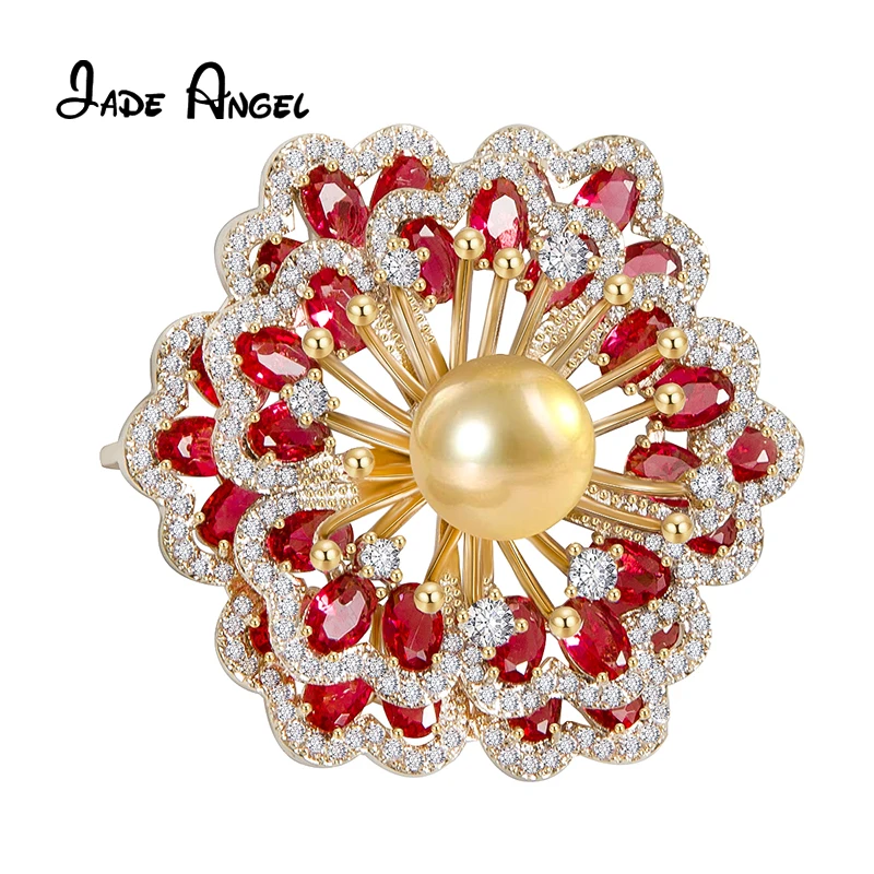 

Jade Angel Gold-plated Brass Begonia Flower Brooches for Women Oval Red Cubic Zirconia Weddings Banquet Brooch Pins for Clothing