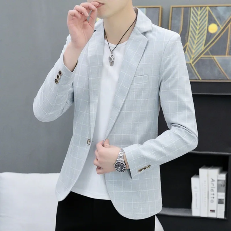 

Faionable Youth Men's Plaid Slim Fit Casual Suit Jaet Autumn Spring New Sle Korean Version Haome Long Sve Button up