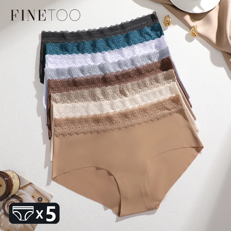 5PCS S-XXL Seamless High Waist Underwear Women's Lace Patchwork Solid Color Panties Sexy Stretchy Trendy Briefs Ladies Lingerie