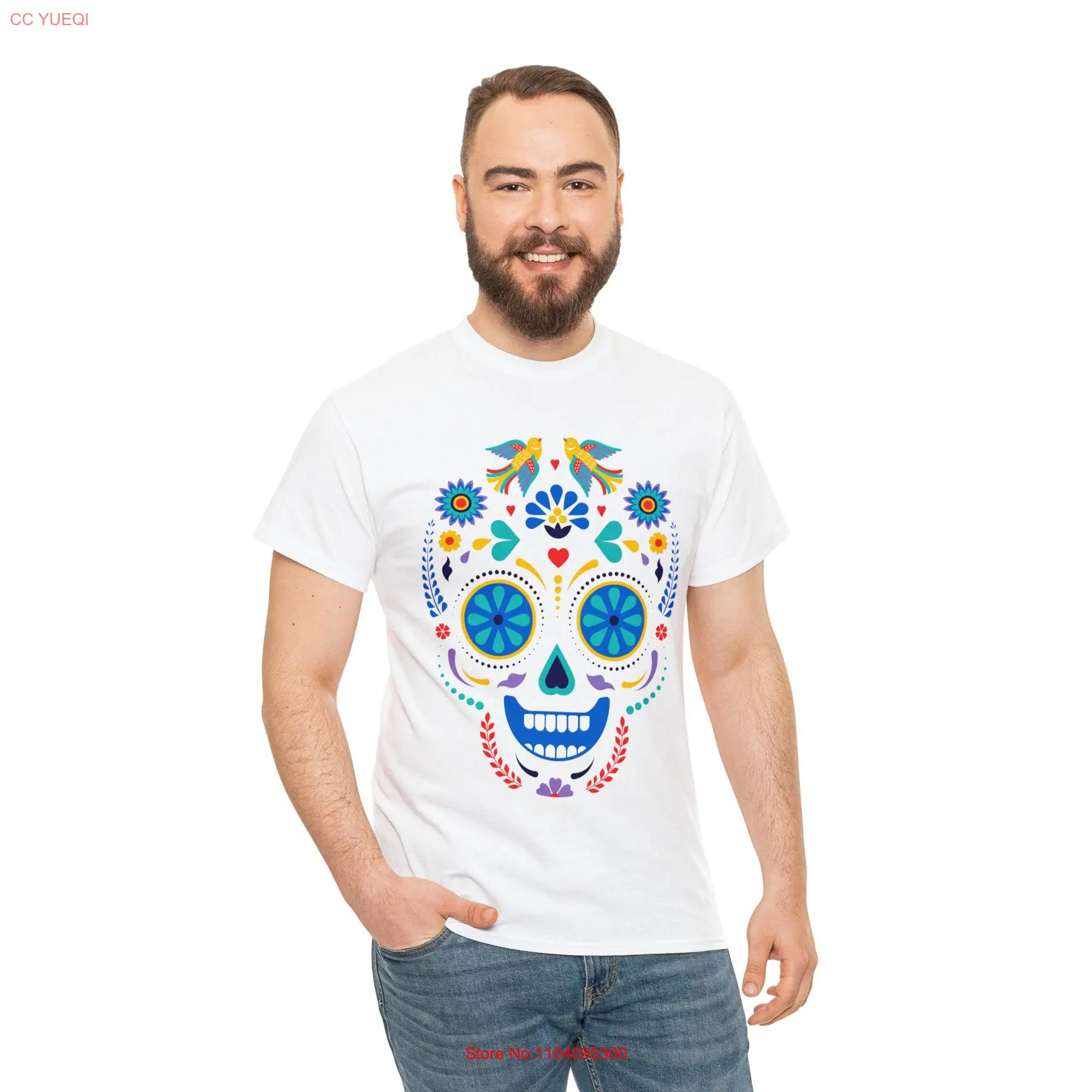 Sugar skull flowers and birds day of the death T Shirt long or short sleeves