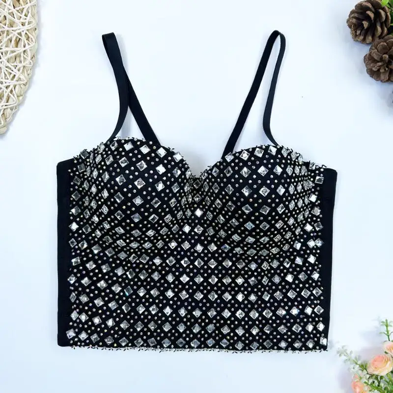 Women Front Full Rhinestons Sparkle Black Crop Top for Dancer DJ Sexy Short Bustier Camisoles Bralet Adjustable Size Bra w1001