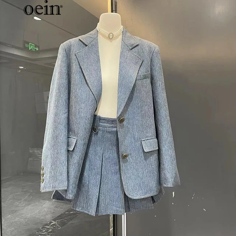 [oein] 2024 Complete Set Of Autumn Outfits That Exude Sophisticated Aura, A Formal Blue Suit, Jacket, Skirt, And