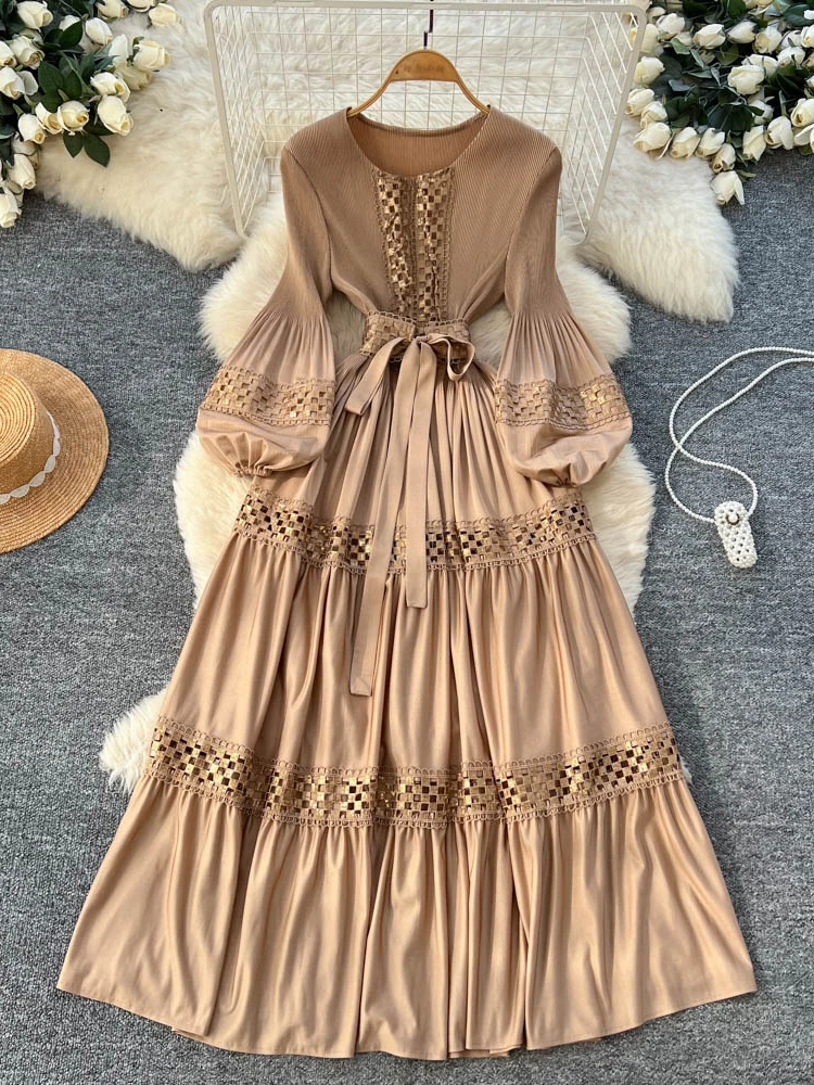 ربيع الخريف الفرنسية الرجعية قصر الدانتيل بريق مطوي فستان للنساء موضة جديدة حفلة كم طويل كبير فستان محكم من عند الصدر ويتدلى بشكل واسع S246 #1