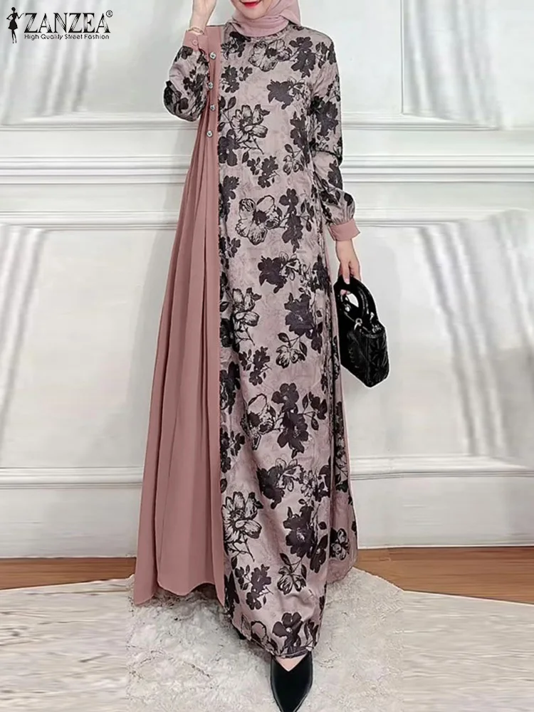 

ZANZEA O Neck Long Sleeve Long Dresses Islamic Women Muslim Fashion Loose Abaya Vestidos Elegant Floral Print Patchwork Robes