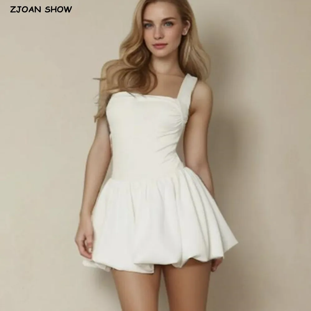 3 colors 2025 Sexy White Knitting Cotton Sleeveless Low Waist Mini Dress Women Ruched Square Collar Folded Hem Swing BUD Dresses