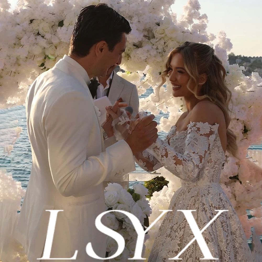 LSYX Robe de mariée personnalisée en dentelle à épaules dénudées avec manches longues, train, design élégant, silhouette intemporelle