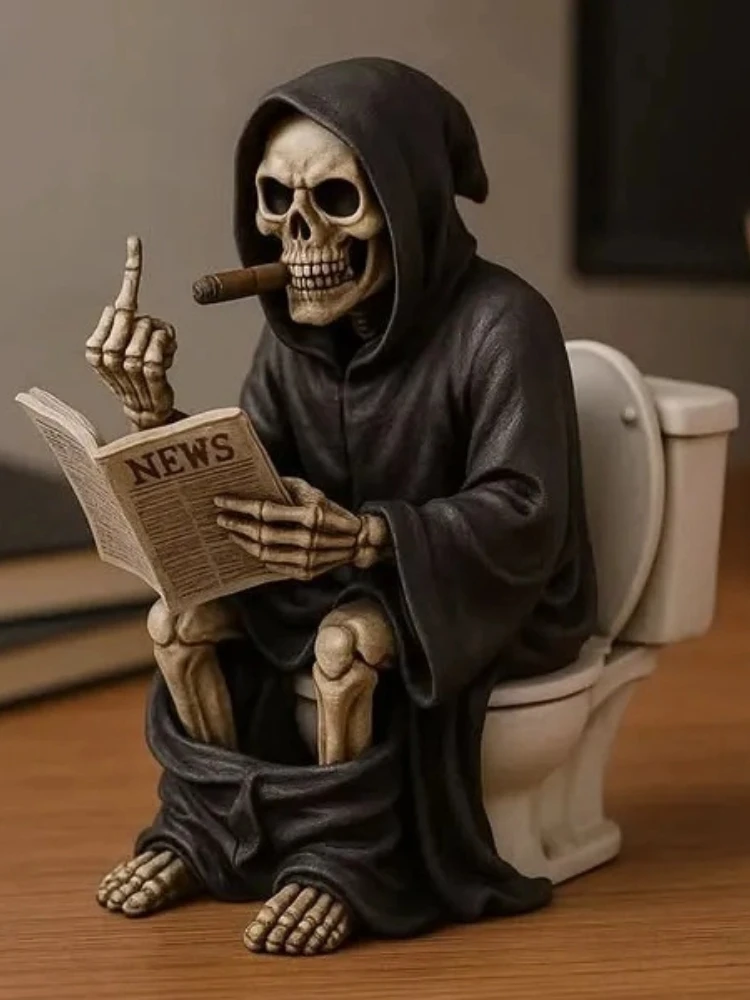 Halloween Toilet Grim Reaper Figurine Home Decor Resin Sculpture Middle Finger Decoration Crafts Figurines