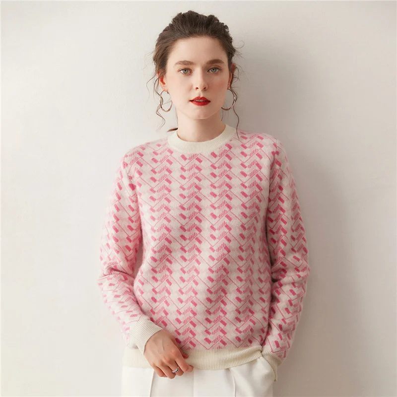Women's Cashmere Sweater round Neck Air Layered Thick Soft Knitted Autumn Winter Loose Base Layer Overhead Color Block