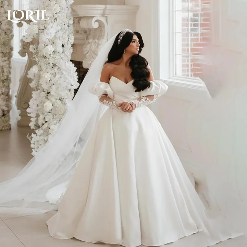 

LORIE Applique Wedding Dress Off Shoulder Sweet 3D Flower A-LINE Prom Dresses Puff Sleeve Illsion Party Gown Customized Bridal