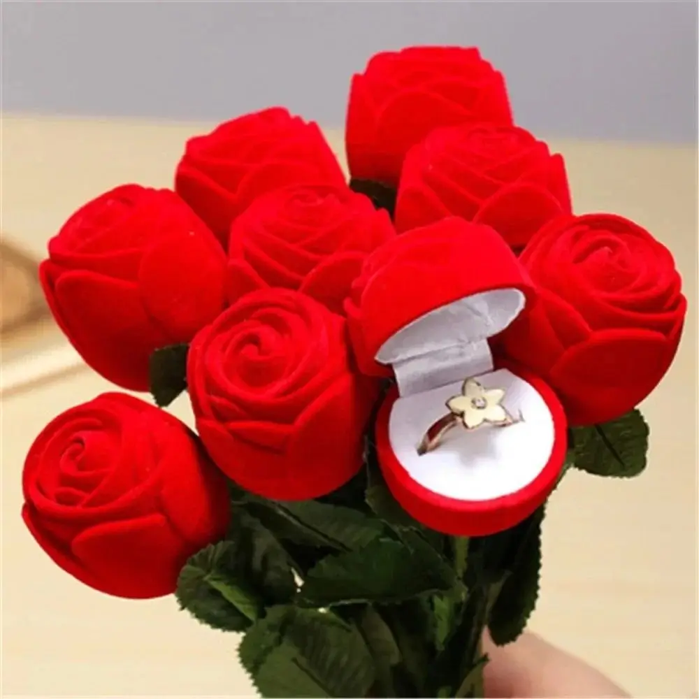 Creative Flocked Rose Ring Box Red Simulated Ring Storage Box High-end Long Root Romantic Gift Box Proposal Ring Box