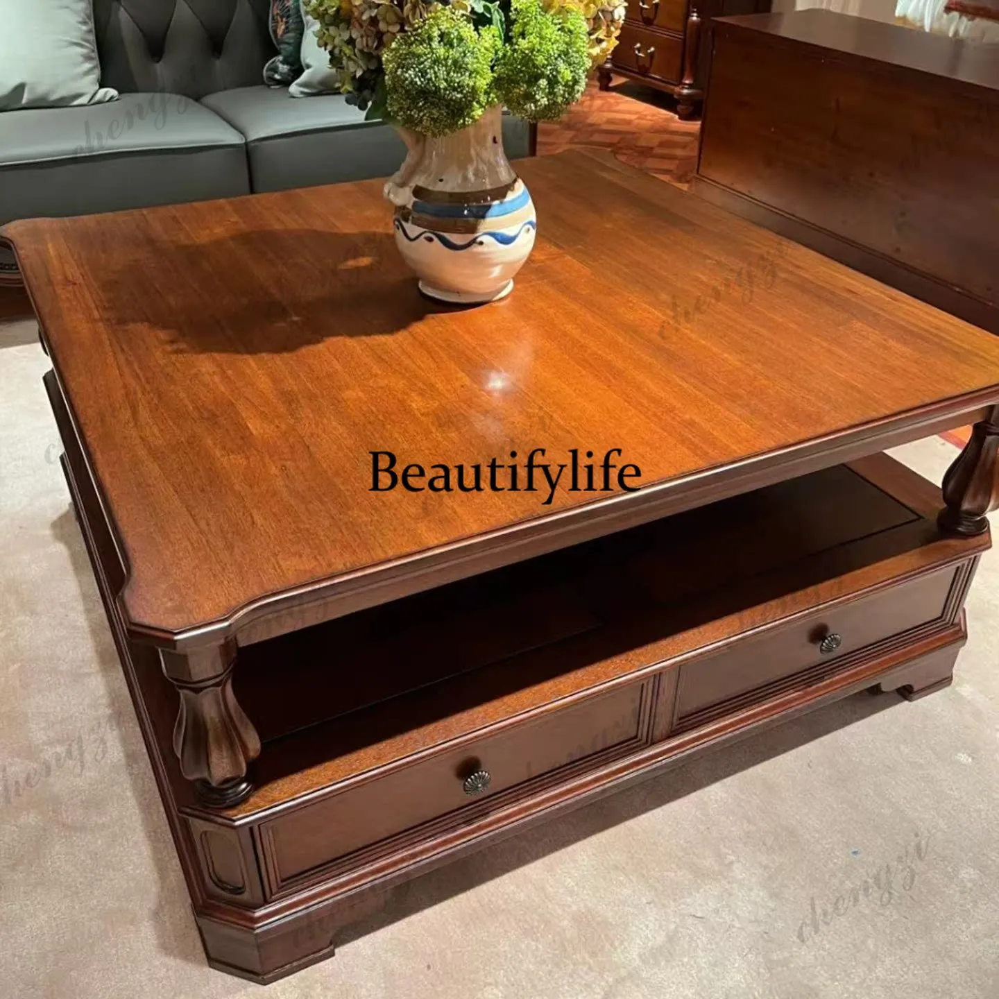 American rural solid wood coffee table living room small apartment retro old coffee table villa living room square tea table