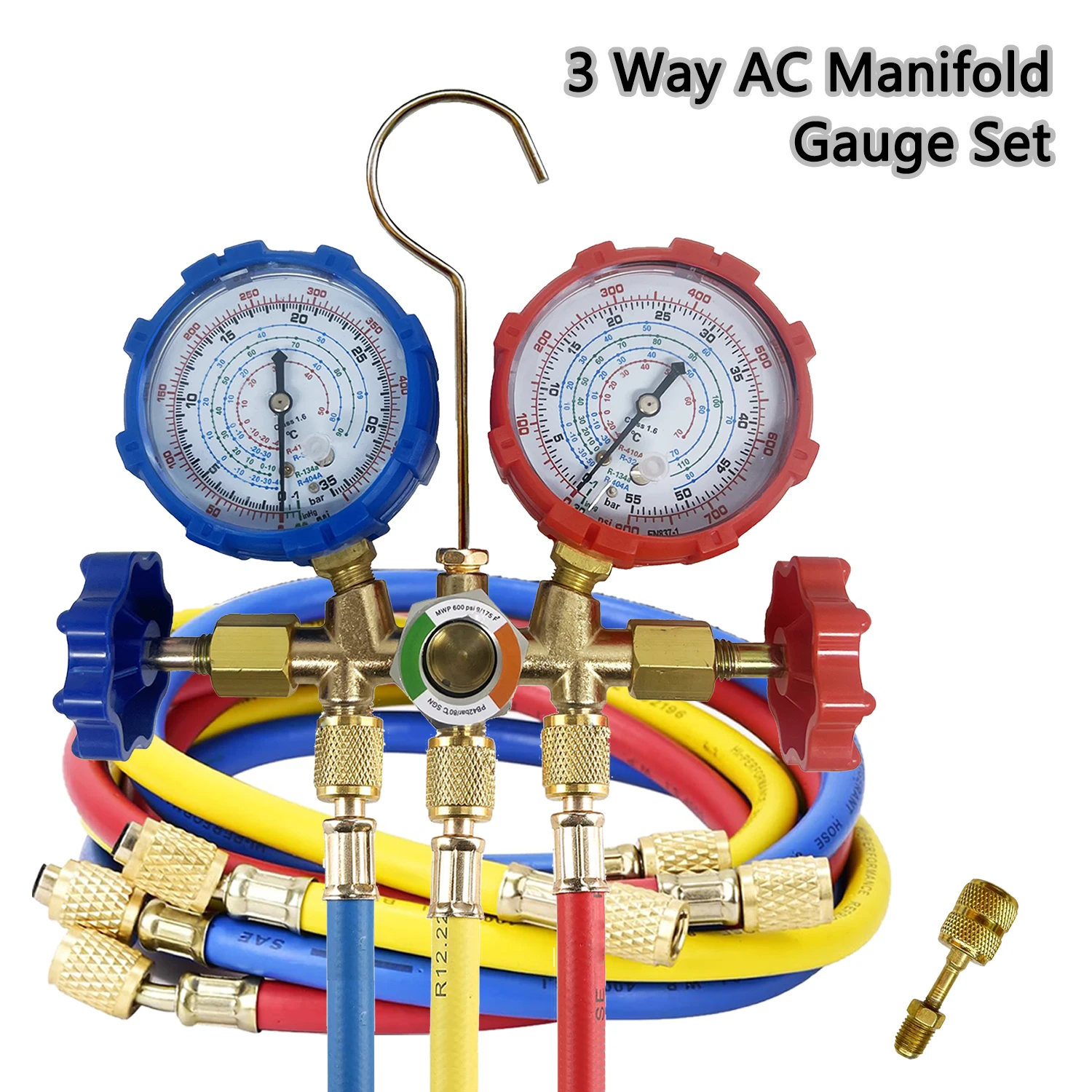 R32 R410a R-404A R-134a Refrigerant Manifold Gauge Set HVAC A/C Refrigeration Charging Service with Hoses Adapter Can Tap