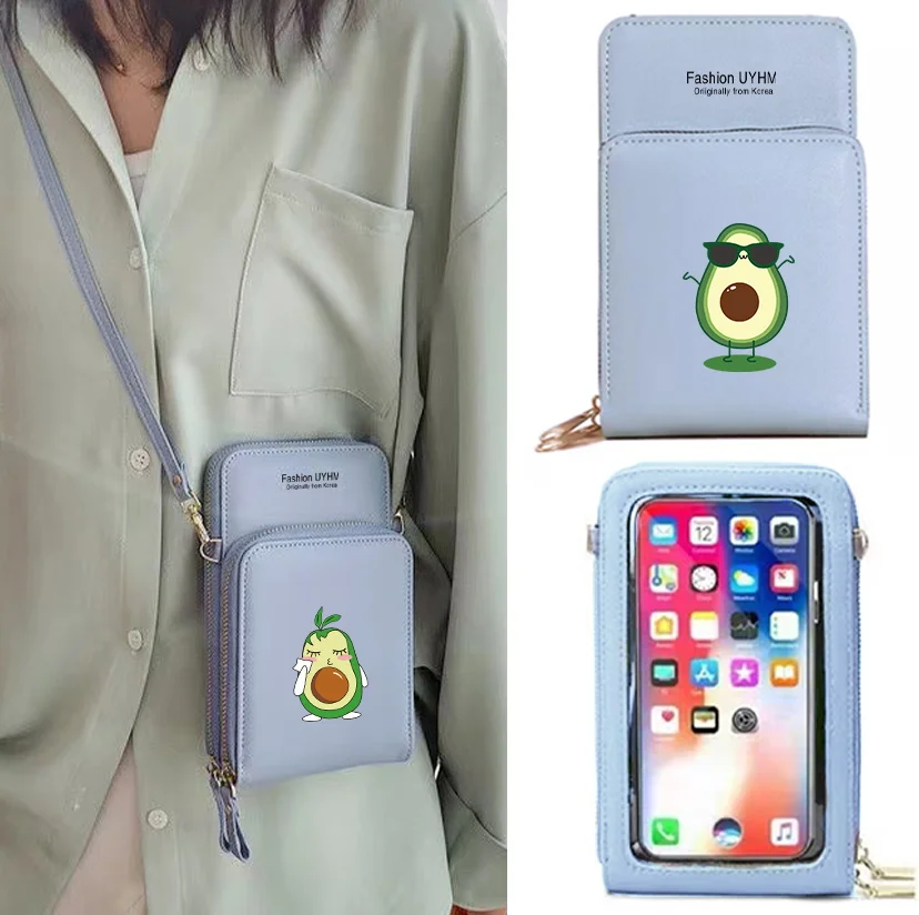 Women Wallets Mobile Phone Bag Card Pack Female New Storage Shoulder Crossbody Bags Avocado Print Touch Screen Cell Phone Purse