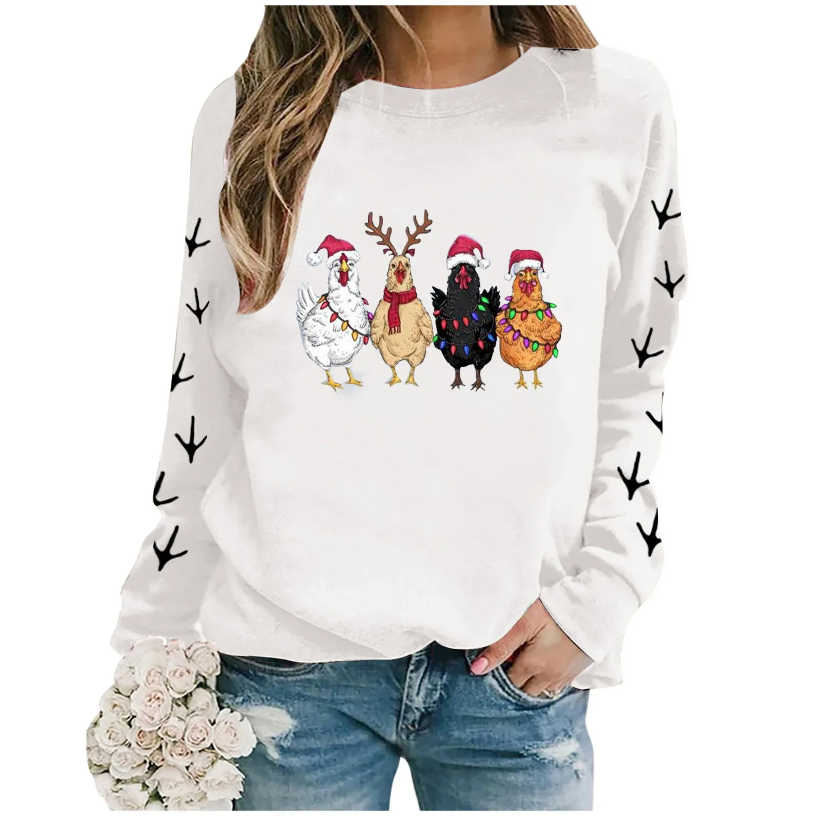 Loose Fit Lightweight Pullover Christmas Oversize Long Sleeve Hoodless Sweatshirts Crewneck Chicken Printed Hoodies Women