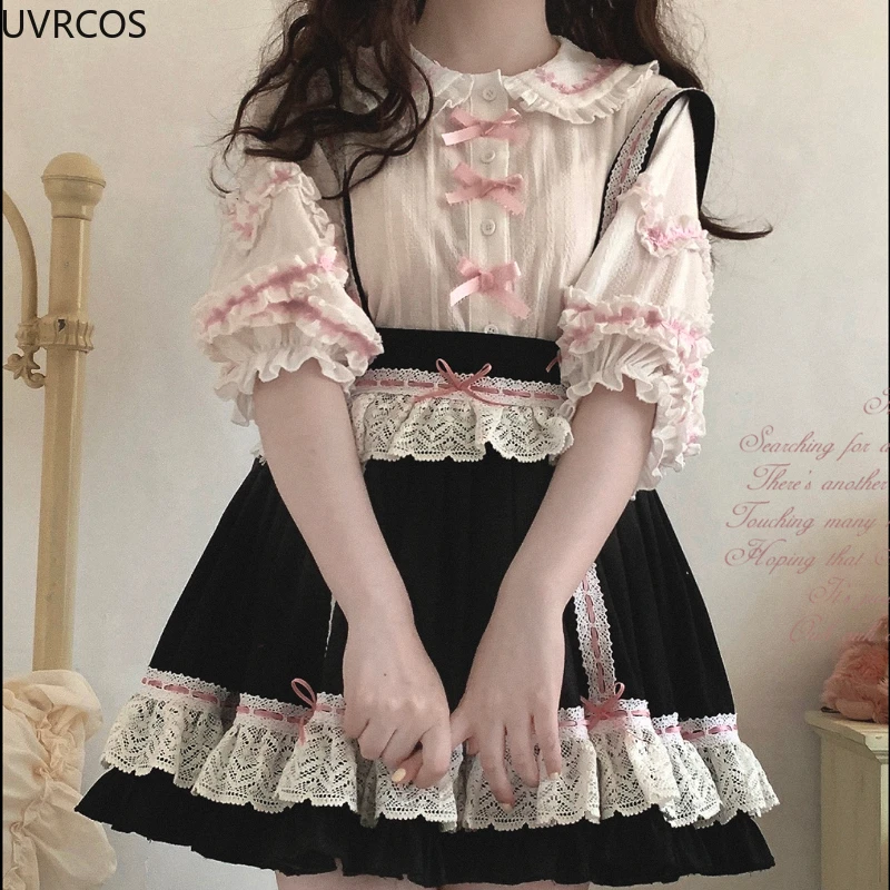 Sweet Lolita Blouses Women Japanese Kawaii Lace Bow Peter Pan Collar Shirts Girls Lantern Sleeve White Princess Blouses Crop Top