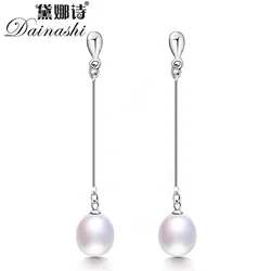 Dainashi Genuine 925 Sterling Silver Long Drop Earrings Natural Freshwater Pearl Drop Earrings Elegant Fashion Jewelry for womem