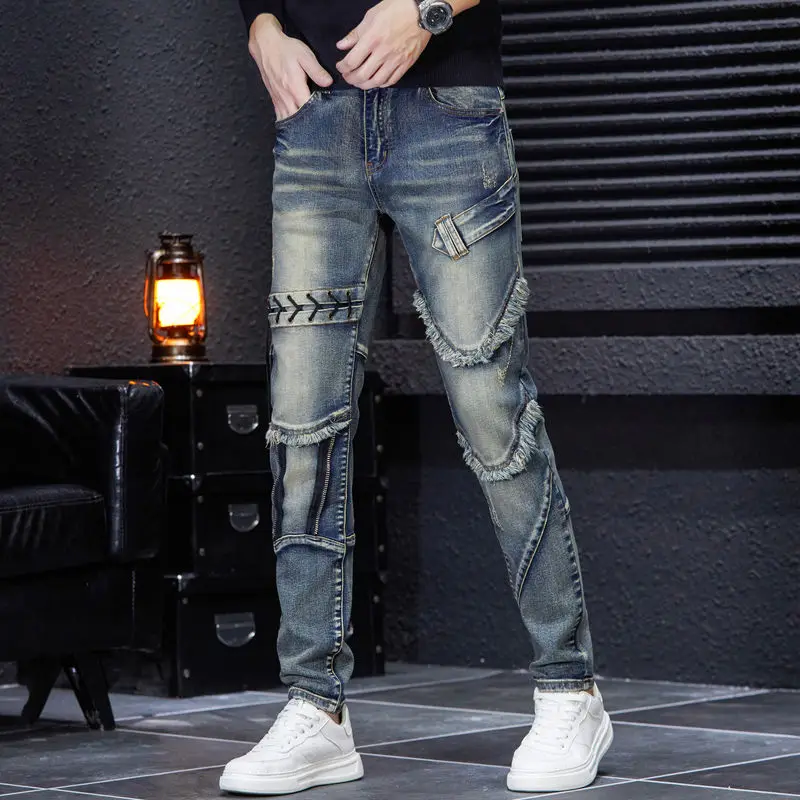 2023 Fashion Brand Embroidery Zipper Ragged Edge Panel Men\'s Jeans Retro Wearing Rope Korean Version Retro demin jeans