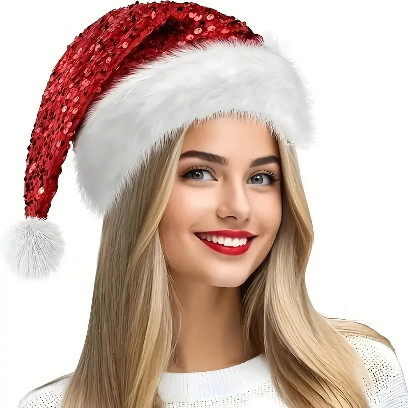 

Shiny Sequined Santa Claus Christmas Hat New Year Red Cap Plush Fluffy Pompom Party Adult Beanie Cap Xmas Snowman Headwear Props