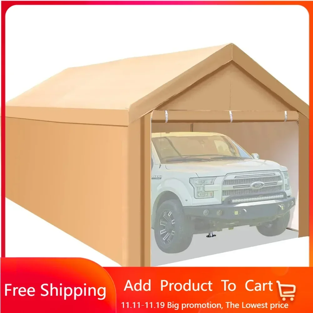 

10x20 ft Heavy Duty Carport Car Canopy Garage Extra Storage Shelter Party Tents Shed with Removable Sidewalls and Doors, Beige