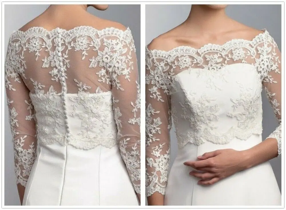 2022 Off Shoulder Wedding Wrap Lace Bridal Bolero 3/4 Three Quarter Sleeves Button Back Bride Jacket Women Accessory