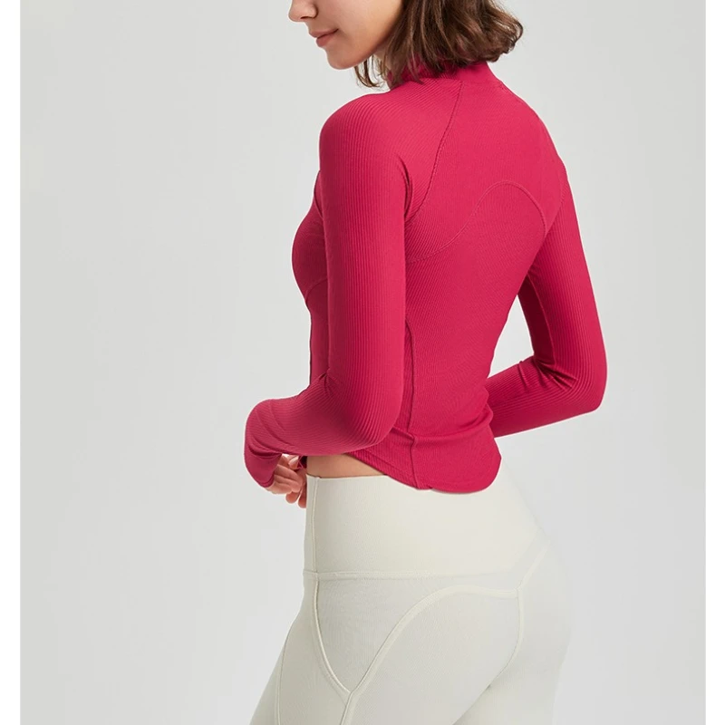 Womsn's Slim Cropped Sports Jackets Long-sleeved Full-zip Stand Collar Comfy Yoga Running Fitness Tops Breathable Cycling Jacket