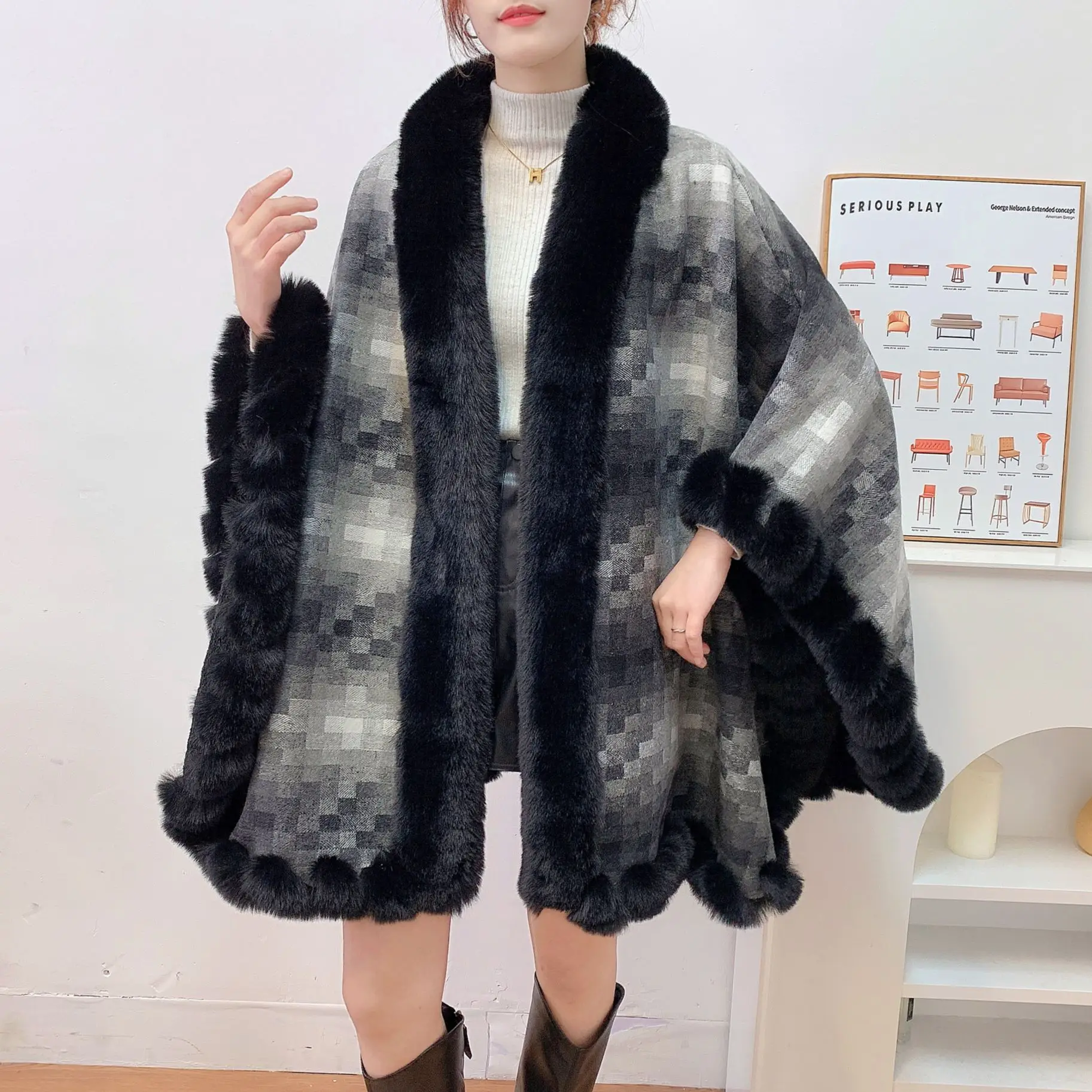 

2025 New Fashion Real Genuine Natural Knitted Mink Fur Shawl Coat with Fox Fur Collar Women's Fashion Knit Jacket Cape Wh135