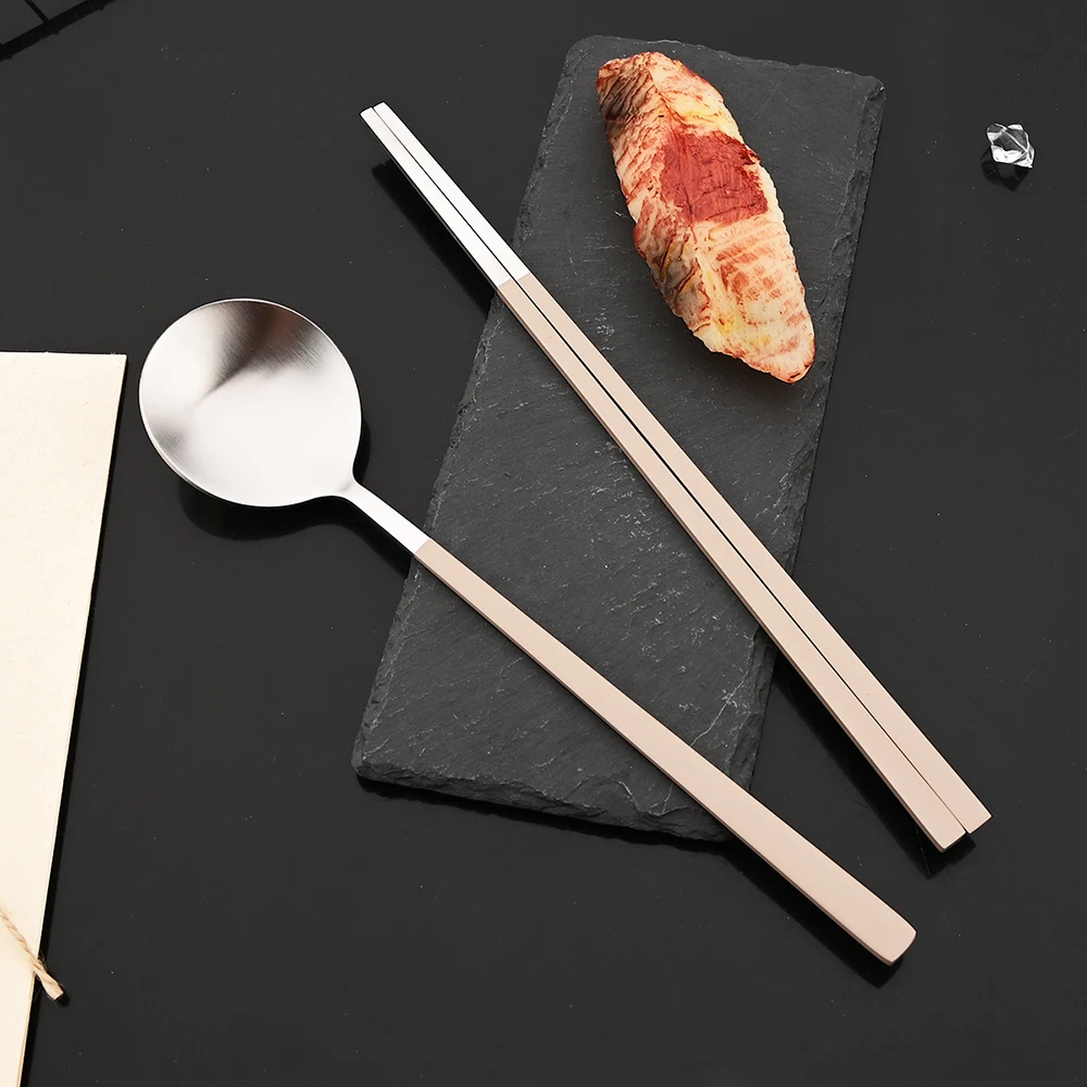 2/8Pcs Matte Dinnerware Set Dinner Spoon Sushi Chopsticks Flatware Western Stainless Steel Cutlery Party Kitchen Tableware