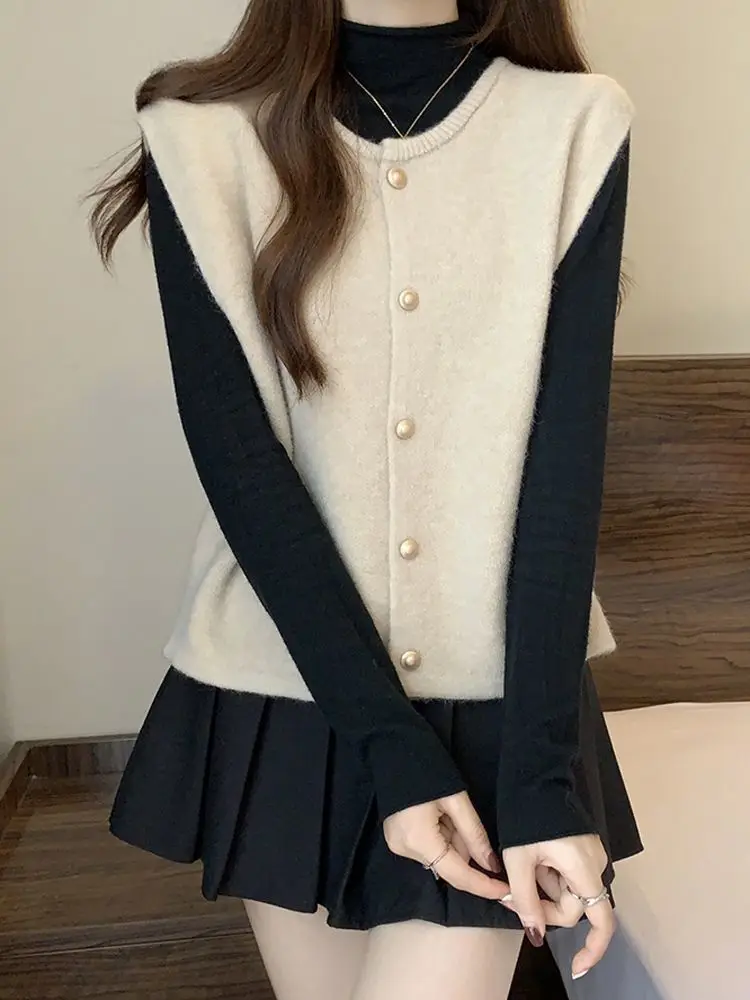 Knitted Single Row Vest Western-style Sweater Cardigan Jacket Korean Style Thick and Loose Camisole Slimming Top