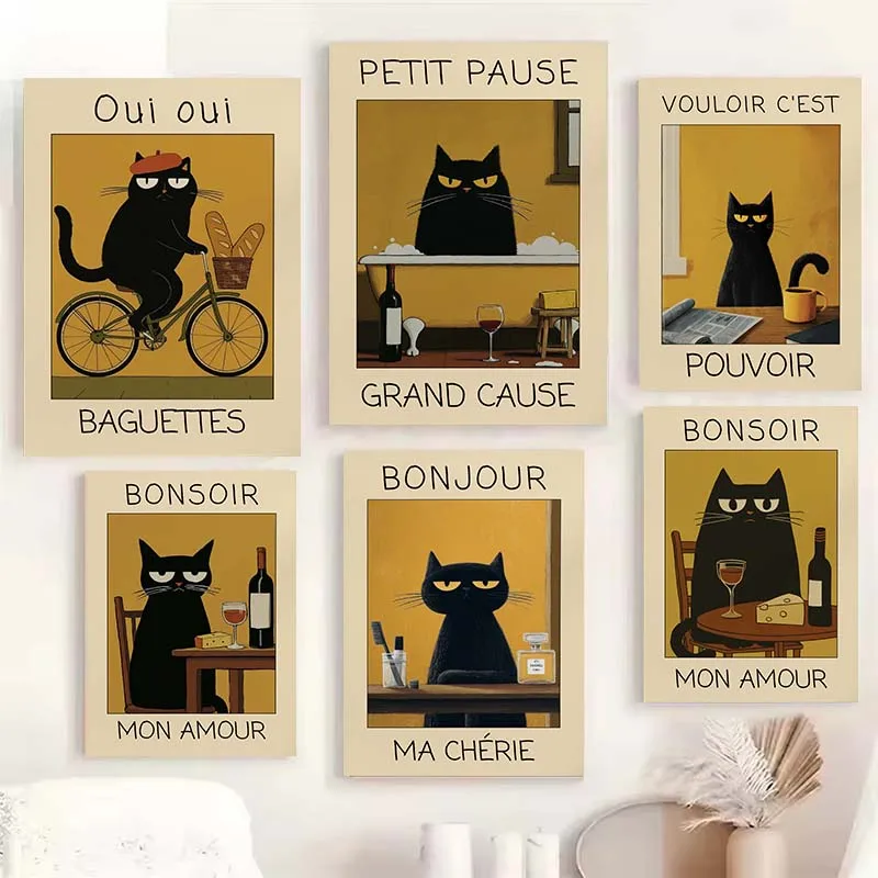 Póster artístico de Le Chat Noir Green Bonjour Mon Amour, pintura en lienzo de gato negro divertido para el desayuno, imágenes de pared, decoración para el hogar y la cocina