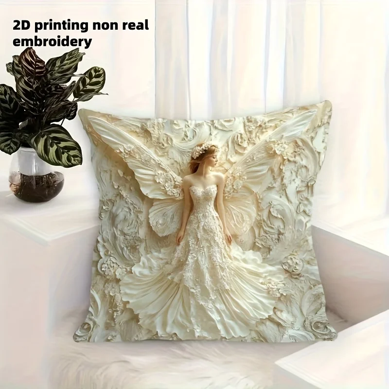 1pc, 2D Flat Printing, Non Realistic Embroidery, Elegant Pillowcase, Featuring Intricate Angel White Dress Pattern Design