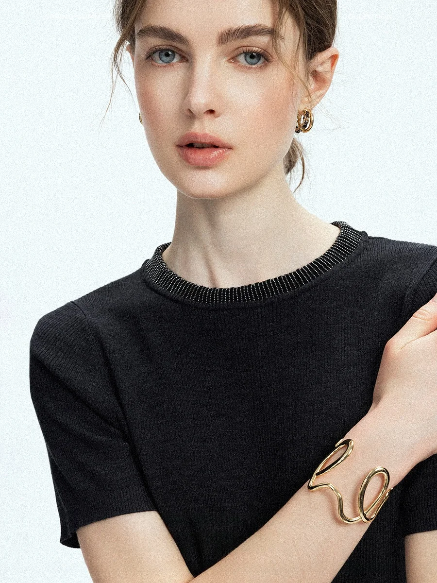 

Ele Summer Knitted ort Sve T-irt Women's Silk Wool Cloud Soft Skin-friendly round Ne Top High Densi Diamond Co...