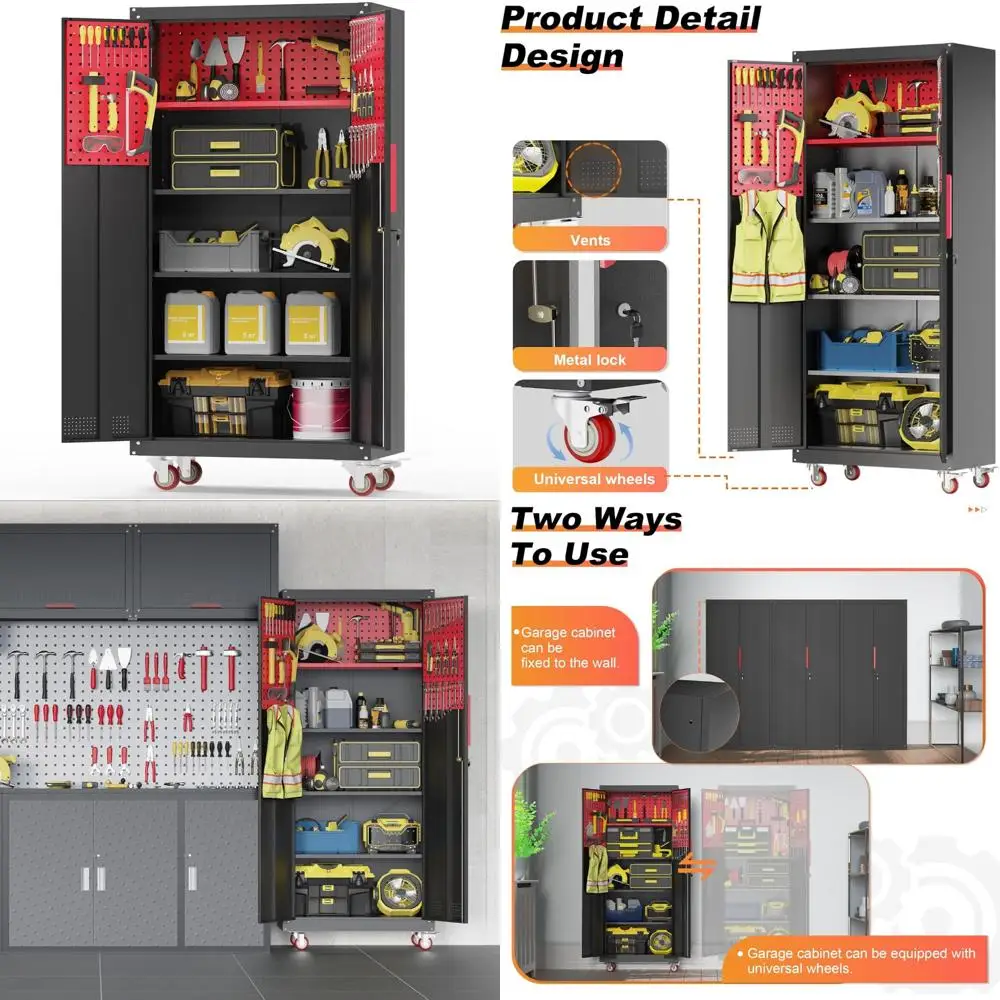 Heavy-Duty Steel Garage Storage Cabinet with 5 Adjustable Shelves, Lockable and Mobile