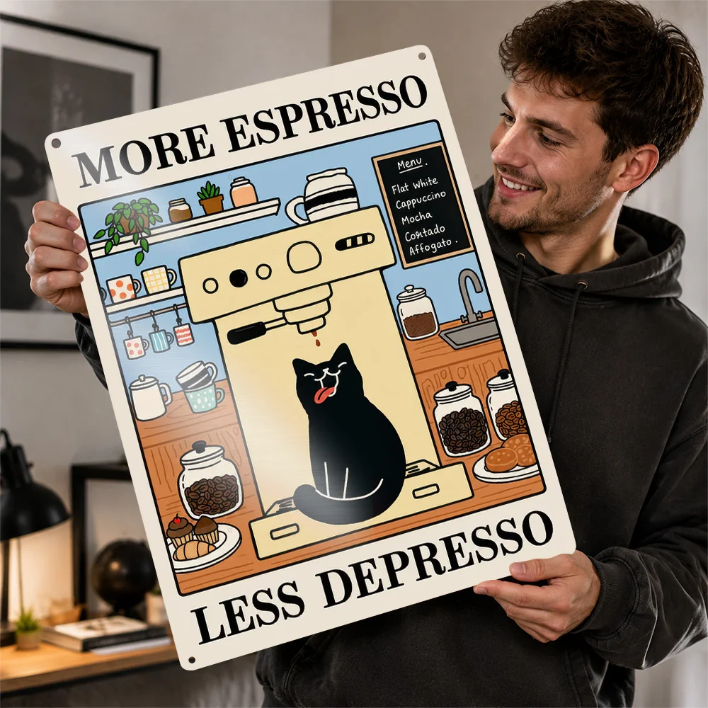 More Espresso Less Depresso Cat Metal Poster Perfect Gift for Fans Lovers Customized Wall Art Metal Sign for Bar Accessories
