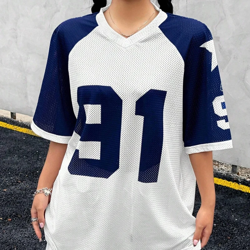 العصرية Rtro الشارع الرقمية المطبوعة شبكة جوفاء الفانيلة قصيرة الأكمام الخامس الرقبة تي شيرت راجلان المرأة فضفاضة الرياضة الساخن فتاة #2