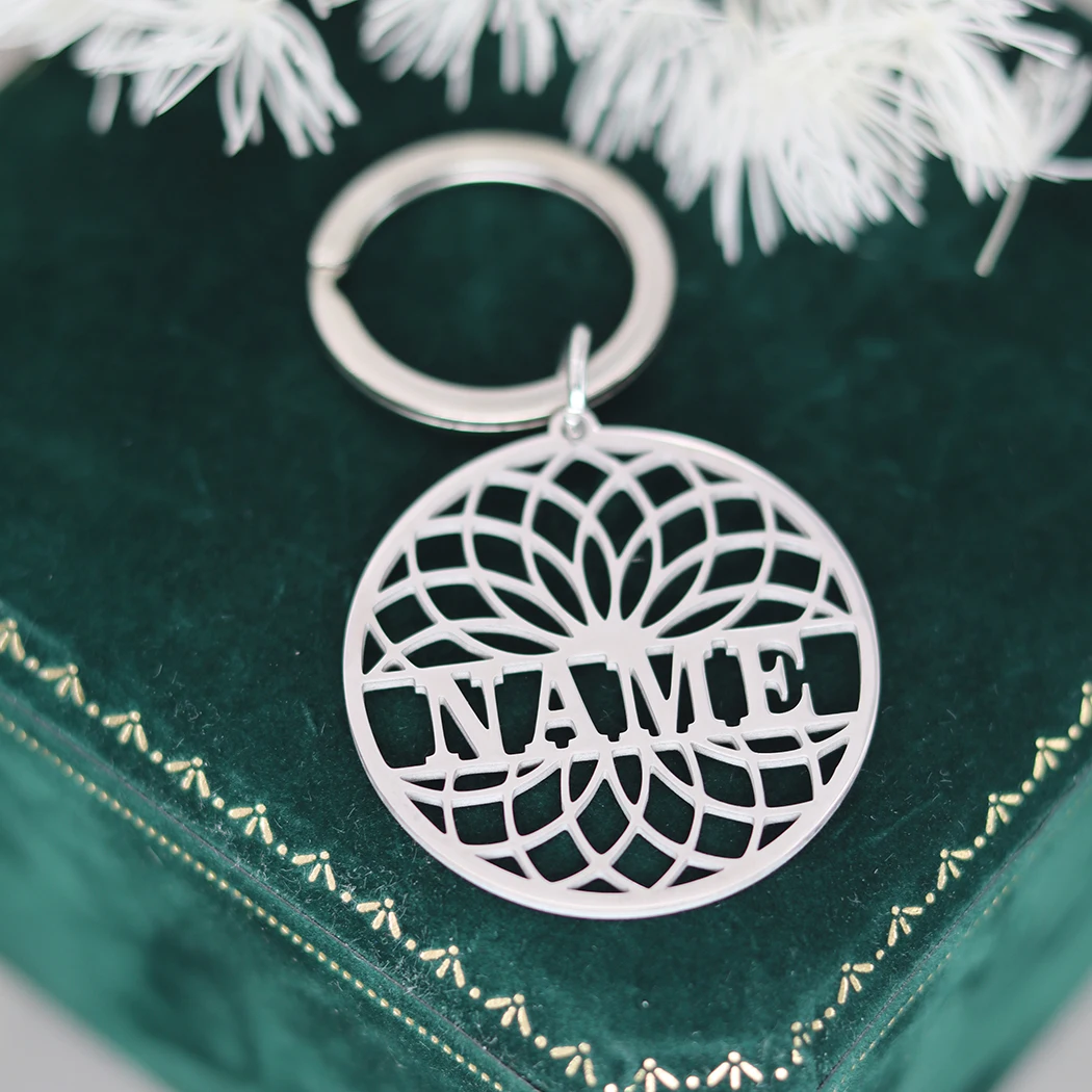 QIAMNI Custom Name Keychain Stainless Steel Flower Key Chains for Women Men DIY Nameplate Jewelry Gifts Geometric Circle Keyring