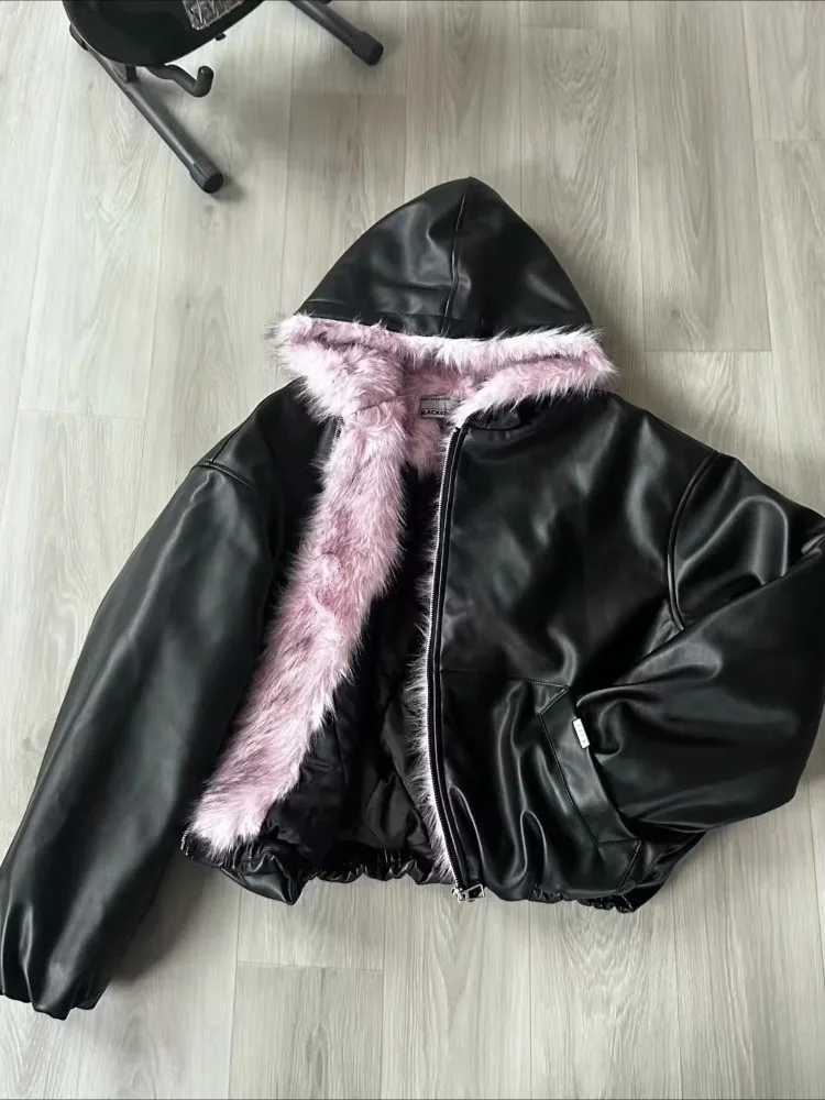Retro Fuax Pelz Kapuze Parkas Y2K Mäntel Vintage Verdicken Lose Beiläufige Outwear Design Subkultur Gothic Sweatshirts Harajuku 2025
