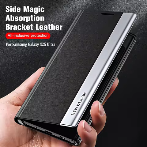 Luxury Plating Leather Case For Samsung S25 Ultra S24 Plus S23 S22 S21 S20 FE Note 20 Ultra Flip Bracket Protection Phone Cover