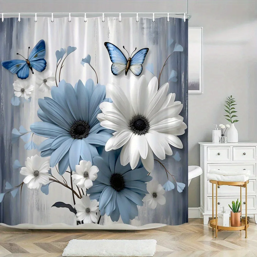 ~O~1pc Blue & White Floral Butterfly Shower Curtain - Elegant Nature Design, Vivid Blossoms, Muted Gray Background, Polyester