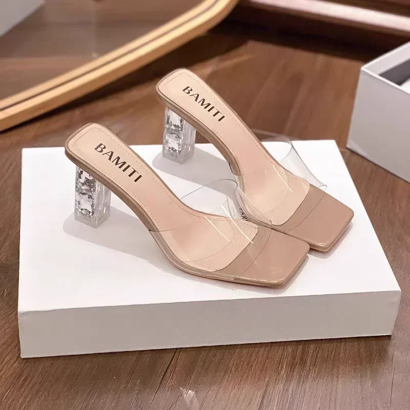 Sandali con punta quadrata da donna con tacchi alti trasparenti estivi pantofole con tacco da sposa con tacco alto trasparente da donna