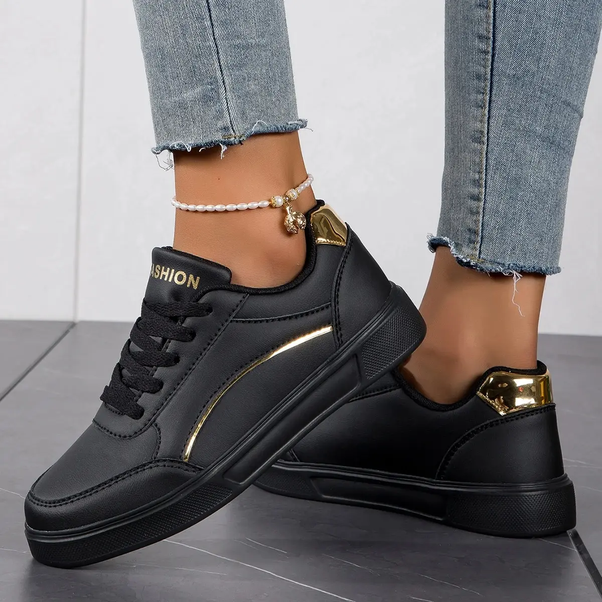 Women Shoes Essential Trendy Women's Skate Shoes: Heightened Faux Leather, Ultra-Comfortable, Non-Slip, Wear-Resistant & Lace-Up