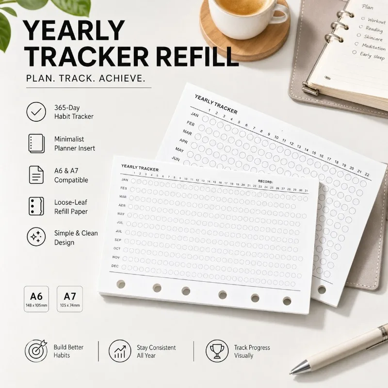 

Fromthenon A6/A7 Minimalist Yearly Tracker Refill Page-Loose-Leaf Planner Insert Habit & Daily Activity Tracker for Notebook