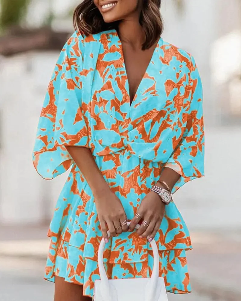 New autumn V-neck loose bat sleeve printed dress for women