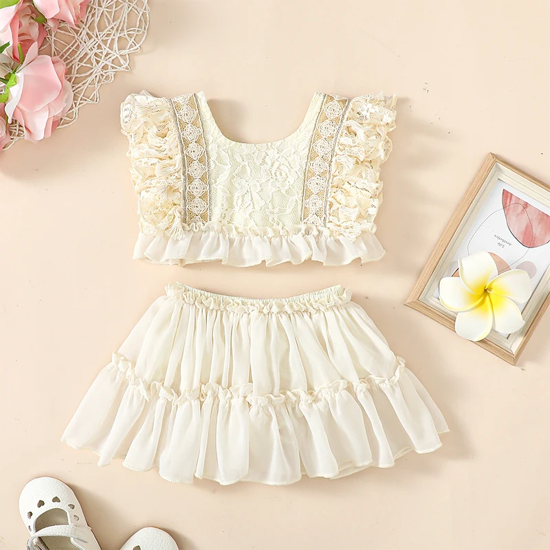 

0-24 Months Baby Girl 2 Piece Outfit Floral Lace Tank Tops and Elastic Ruffle Skirt Set for Summer Fashion Clothes